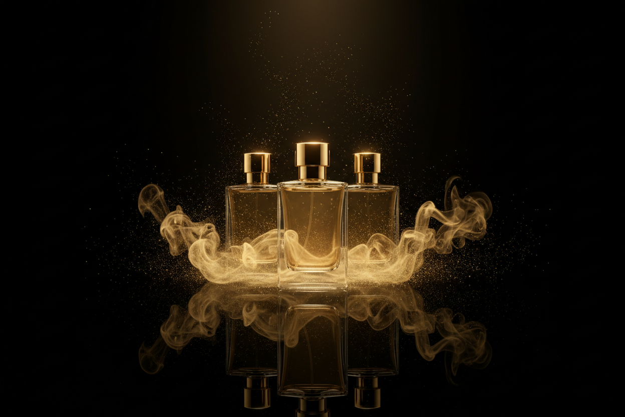 A visually stunning, high-resolution banner image for a luxury fragrance brand. The aesthetic should be dark, opulent, and mysterious (Noir Opulence). Center focus on 3-5 elegant, high-end perfume bottles (with clean, generic gold caps and glass, no text or branding visible on the bottles). The bottles should be standing on a reflective, polished surface surrounded by swirling, ethereal golden smoke or shimmering particles against a deep, dark background. The lighting should be dramatic, with strong contras
